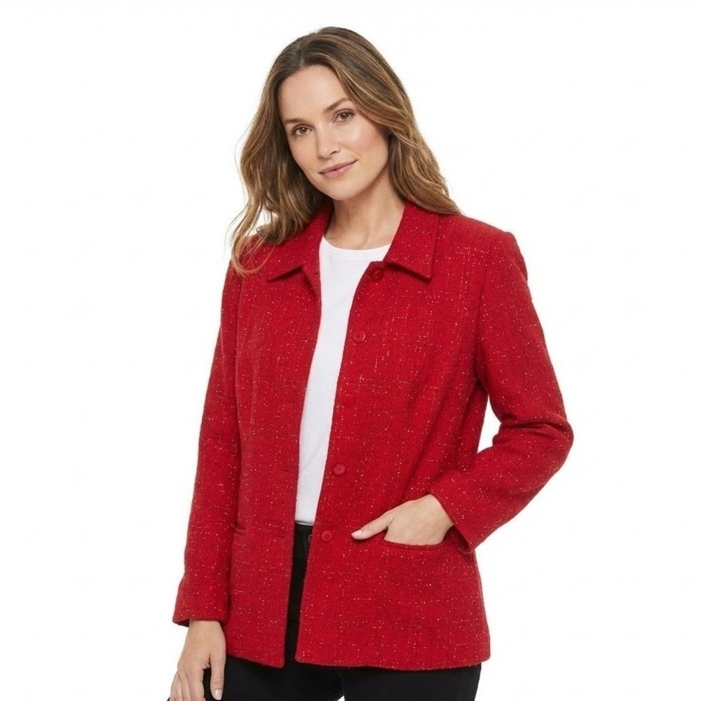 Sag Harbor Red Tweed Sparkle Blazer Size 14 Holiday Christmas Career Jacket New